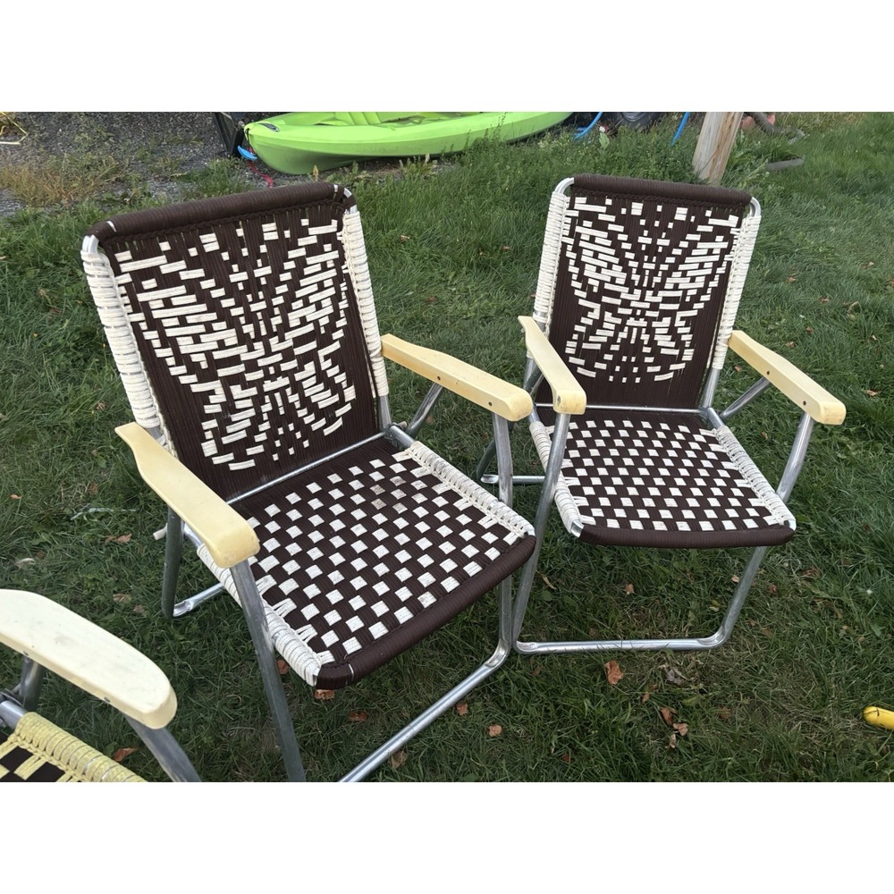 Vintage Woven Yarn Macrame Aluminum Lawn Chair Butterfly Design X2